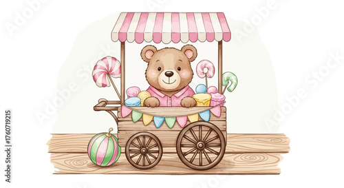 Ein niedlicher Teddybär in einem Süßigkeitenwagen.