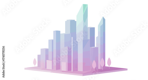 Abstract Architectural Cityscape in Pastel Colors and Minimalist Trees