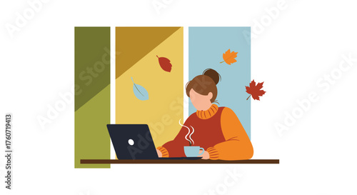 Cozy autumn remote work Woman using laptop and drinking coffee by window with fall leaves