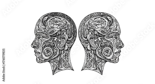 Abstract Silhouette of Two Heads with Intricate Details and Patterns