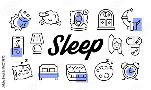 Sleep poster. Sleep banner design with bedtime icons. Moon, Pillow, Alarm, Bed, Sheep icons. Simple poster for presentations, covers. Banner template. Vector illustration.