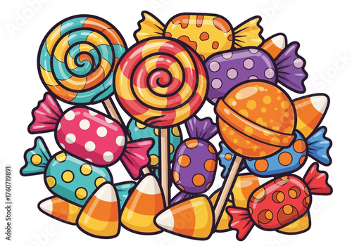 Colorful assortment of candies and sweets variety of shapes and textures isolated