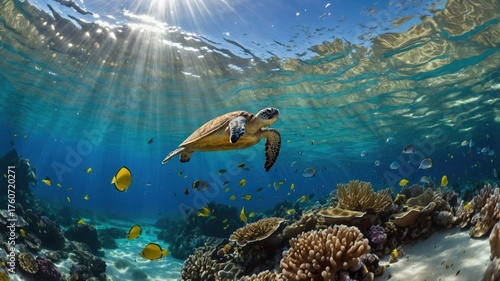 A serene underwater scene featuring a sea turtle gliding gracefully over vibrant coral reefs with fish
