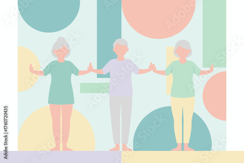 Elderly people practicing gentle mindful exercise together promoting health and active aging