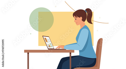 Happy woman working on a laptop at a desk Remote work freelancing and business productivity