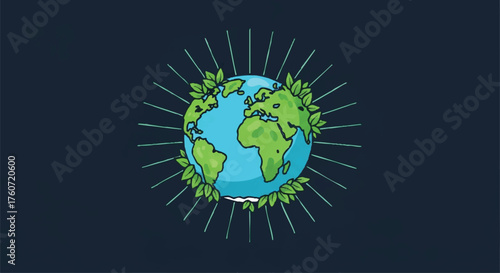 Earth with green leaves illustration, symbolizing global environmental protection, sustainability, and ecological harmony for a thriving planet