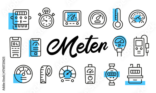Meter poster. Meter banner design with measurement icons. Speedometer, Thermometer, Gauge, Stopwatch, Tape icons. Simple poster for presentations, covers. Banner template. Vector illustration.