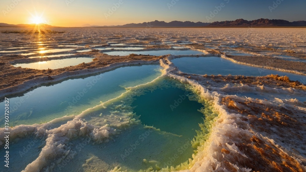 Fototapeta premium Stunning sunrise over a salt flat with reflective pools and rugged mountains in the background