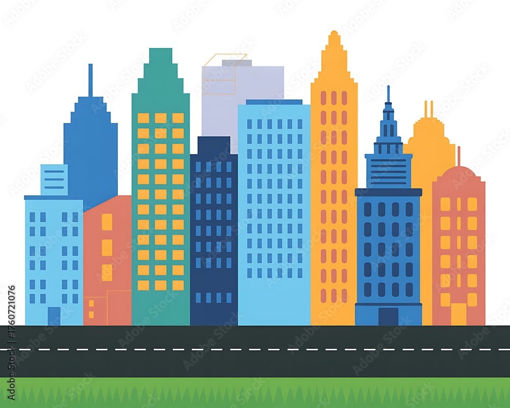 Fototapeta premium Colorful cartoon cityscape illustration with diverse modern skyscrapers