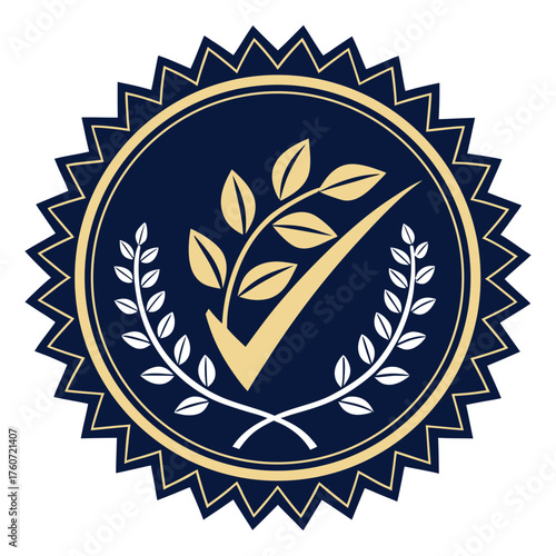 A seal with a dark blue background, gold trim, and a gold checkmark with wheat and laurel branches