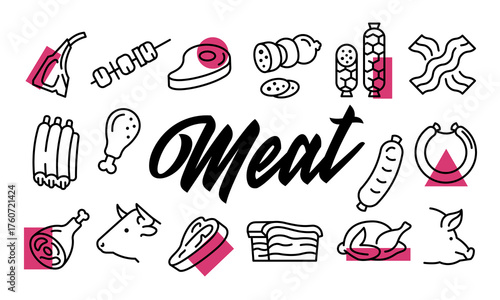 Meat poster. Meat banner design with food icons. Steak, Sausage, Chicken, Bacon, Cow icons. Simple poster for presentations, covers. Banner template. Vector illustration.