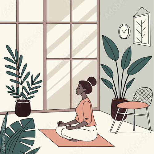 Woman meditating indoors with plants near a window and chair in a tranquil and serene setting at home
