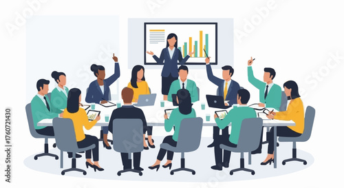 A woman presenting a bar graph to a group of people in a meeting with raised hands and laptops around table