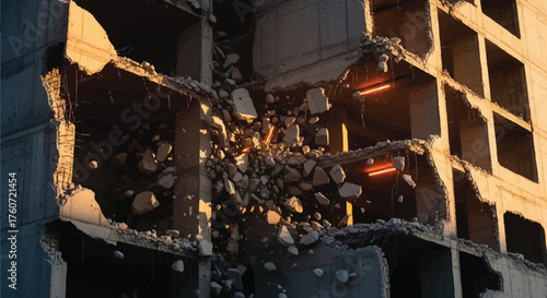 Dramatic close-up of a damaged building section, showcasing destruction and the aftermath of a disaster