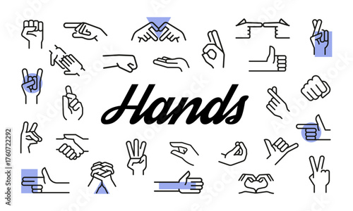 Hands poster. Hands poster design with gesture icons. Peace, Fist, Pointing, OK, Crossed Fingers, Love icons. Simple banner for communication or design. Vector illustration.