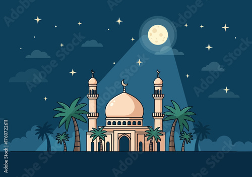 Serene Mosque Under Starry Night Sky with Full Moon.