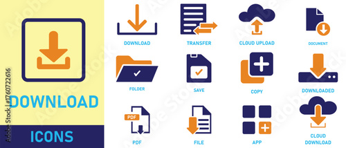 Download icon set. Showcasing intricately designed representations of upload, document, link, download file, folder, data and PDF icons. A well organized collection of adaptable solid vector icons
