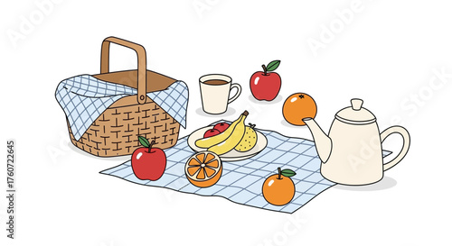 Picnic setup with basket, fruits, and tea on a checkered blanket.