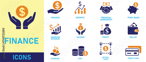 Finance icon set. Containing loan, cash, saving, financial goal, profit, budget, mutual fund, earning money and revenue icons. Solid icons collection.