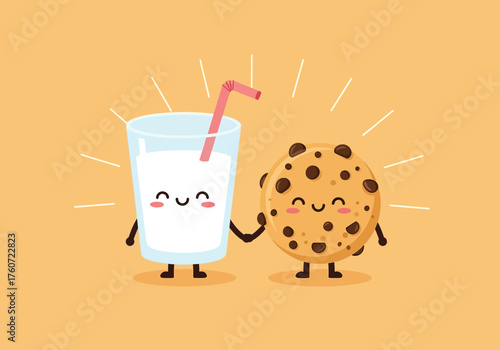 Milk glass and cookie illustration on orange background