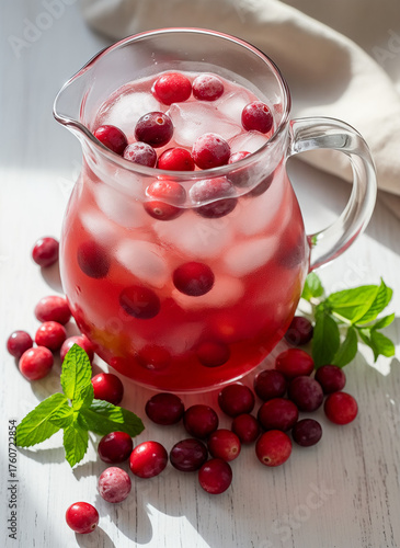 Refreshing cranberry drink with ice and mint leaves in pitcher  