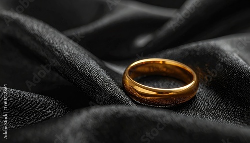 Gold ring gleams atop undulating, dark fabric, catching light in soft folds and curves of material