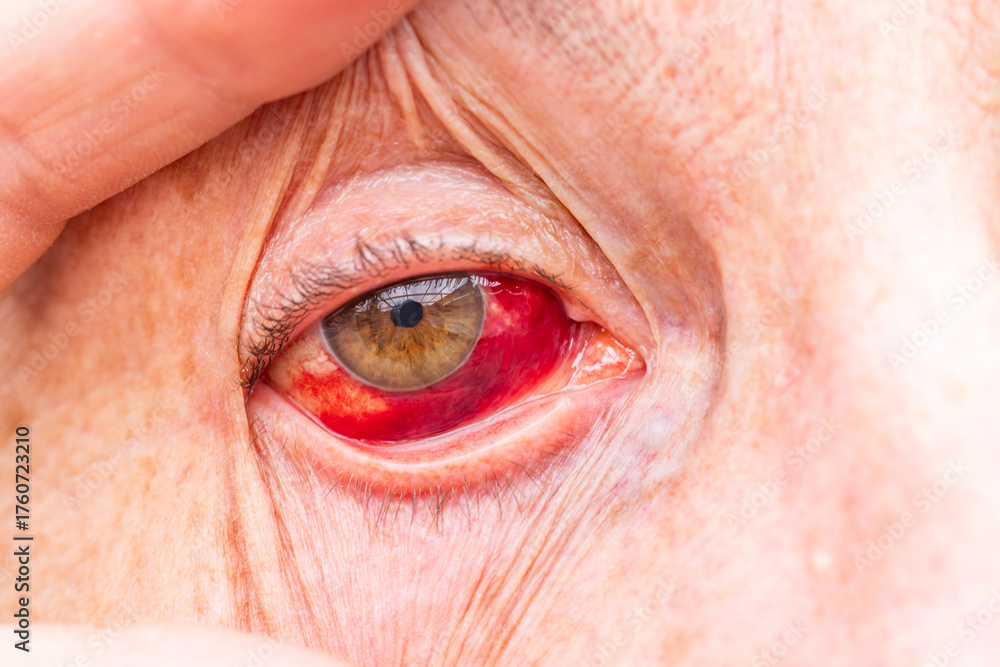 Fototapeta premium Elderly woman experiences pain due to eye injury in close-up shot. Bloodshot eye reflects distress and concern in serious medical context during daytime.
