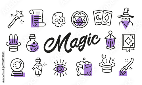 Magic poster. Magic banner design with fantasy icons. Wand, Potion, Spellbook, Cauldron, Wizard icons. Simple poster for presentations, covers. Banner template. Vector illustration.