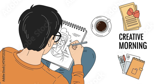 Person using a mobile device with images and design elements on display