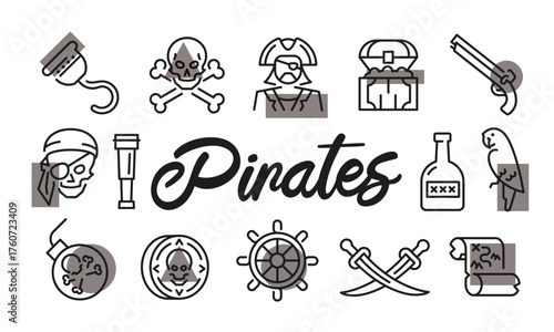 Pirates poster. Pirates banner design with nautical icons. Skull, Sword, Treasure, Parrot, Shipwheel icons. Simple poster for presentations, covers. Banner template. Vector illustration.