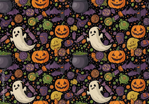 Seamless repeating pattern with celestial bodies and orange spheres