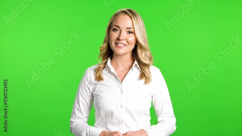A woman with blonde hair wearing a white shirt stands in front of a green screen background, looking directly at the camera