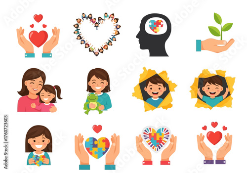 Set of human emotion and care related icons and symbols for various applications
