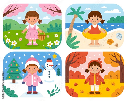 Cute girl experiencing the four seasons of the year in colorful illustrations