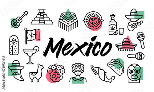 Mexico poster. Mexico banner design with cultural icons. Sombrero, Taco, Tequila, Flag, Guitar icons. Simple poster for presentations, covers. Banner template. Vector illustration.