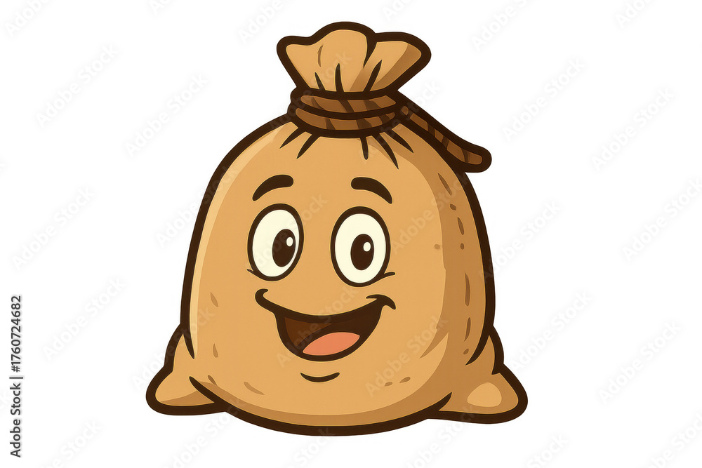 Naklejka premium Happy cartoon money sack representing wealth, success, and financial abundance with a smiling face and tied top