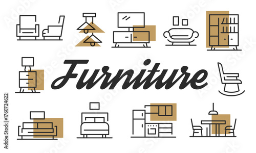 Furniture poster. Furniture poster design with Chair, Sofa, Bed, Lamp, Bookshelf icons. Simply poster for presentations, covers. Banner template. Vector illustration.