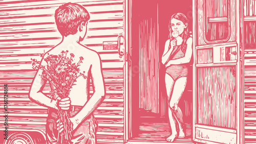 Vector illustration of a boy hiding flowers for a girl. A retro-style scene depicting first love, childhood innocence, and a summer romance crush.