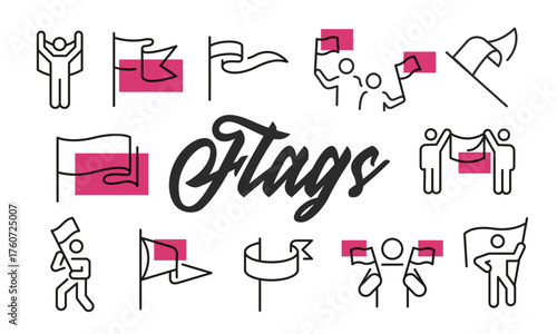 Flags poster. Flags poster design with Pennant, Signal, Waving Flag, Banner, People with Flags icons. Simply poster for presentations, covers. Banner template. Vector illustration.