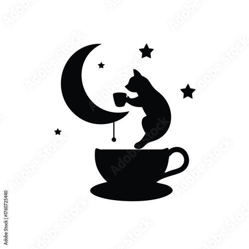 Charming cat pouring tea for the moon in a magical nighttime scene Vector illustration