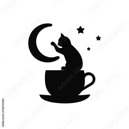 Cute cat serving tea to the moon in a whimsical calm and charming style Vector illustration