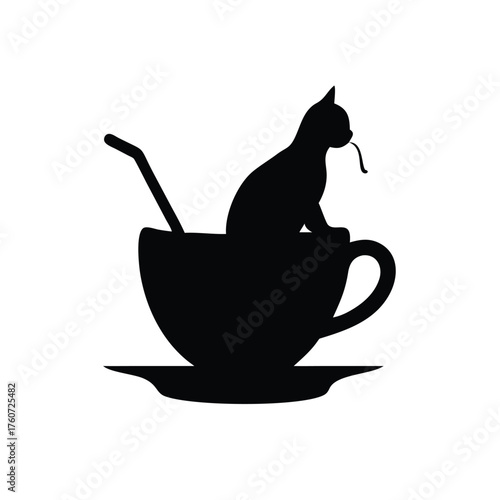 Little cat sitting on a giant teacup in a cozy playful whimsical setting Vector illustration