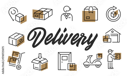 Delivery poster. Delivery poster design with Parcel Icons. Box, Truck, Scooter, Courier, Package, Door, Mail icons. Simple poster for covers or mail service. Banner template. Vector illustration.