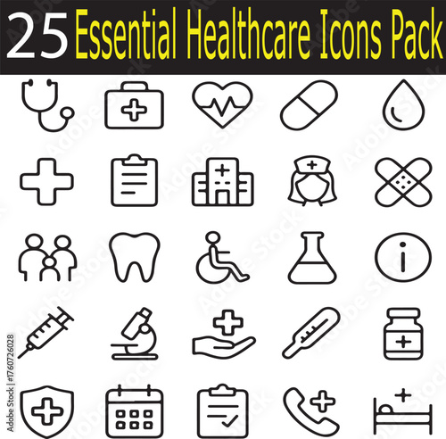 25 Essential Healthcare Icons Pack | Flat Medical Symbol Collection