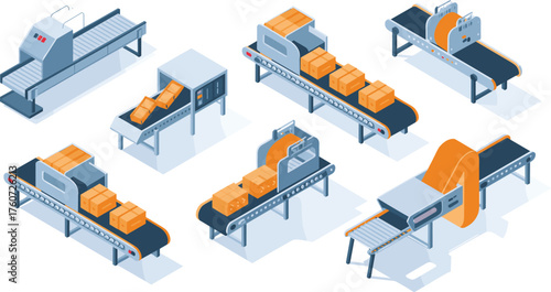 Isometric 3D illustration of automated conveyor belt system with cardboard boxes in modern warehouse logistics, packaging, and industrial production process