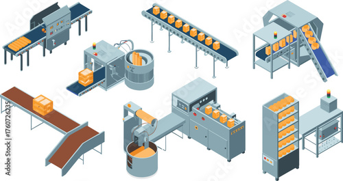 Isometric 3D illustration of automated conveyor belt system with cardboard boxes in modern warehouse logistics, packaging, and industrial production process