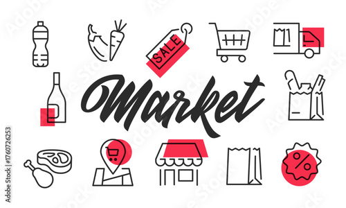 Market poster. Market poster design with shopping icons. Cart, Bag, Store, Sale, Bottle icons. Simple poster for presentations, covers. Banner template. Vector illustration.