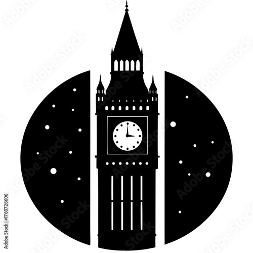 Silhouette of big ben with starry background on transparent background