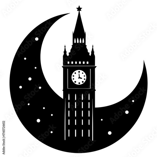 Big ben silhouette with crescent moon art on transparent background