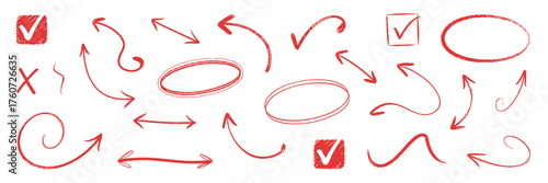 Vector art of hand drawn red arrows, circles, check marks